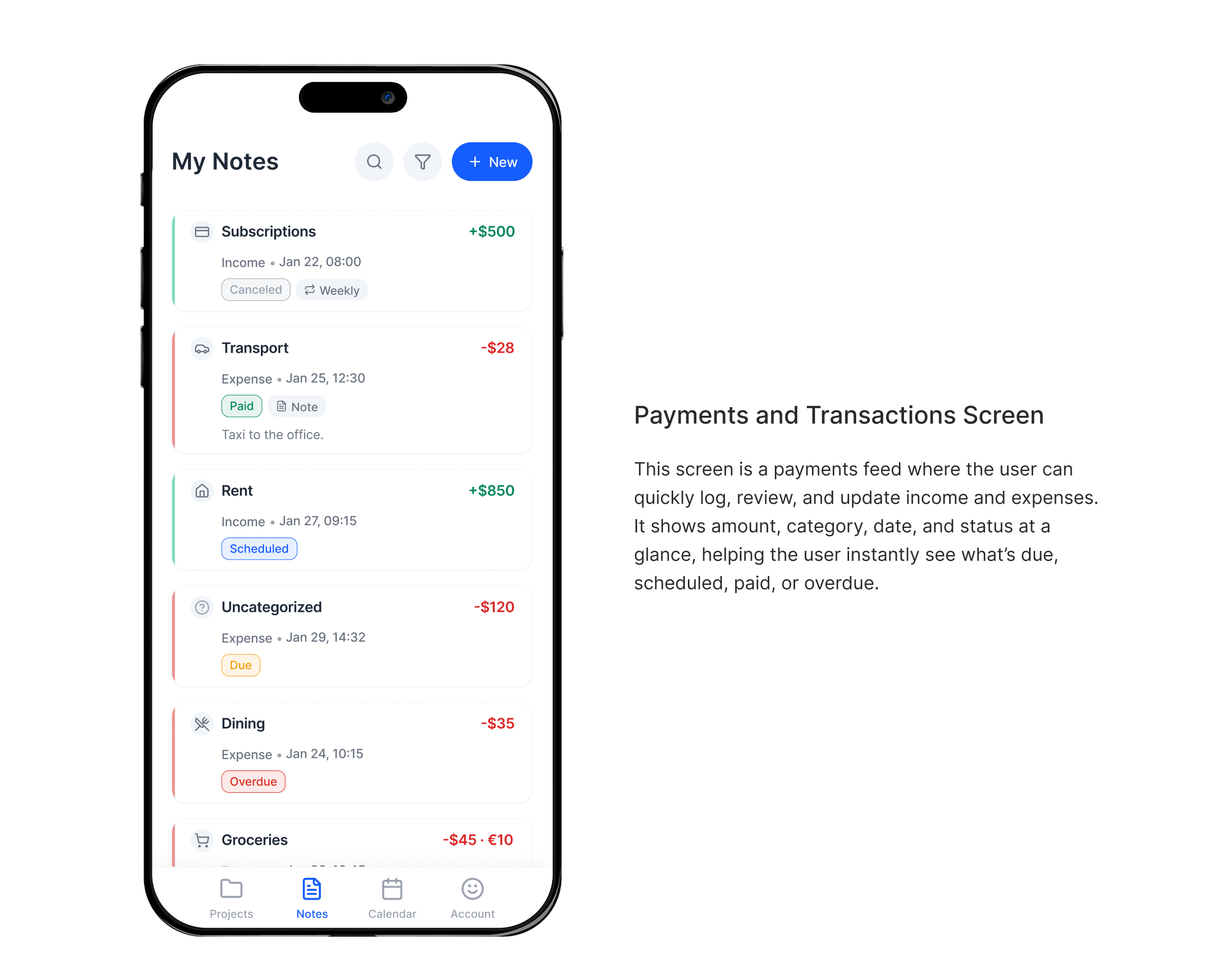 Payments and Transactions Screen
