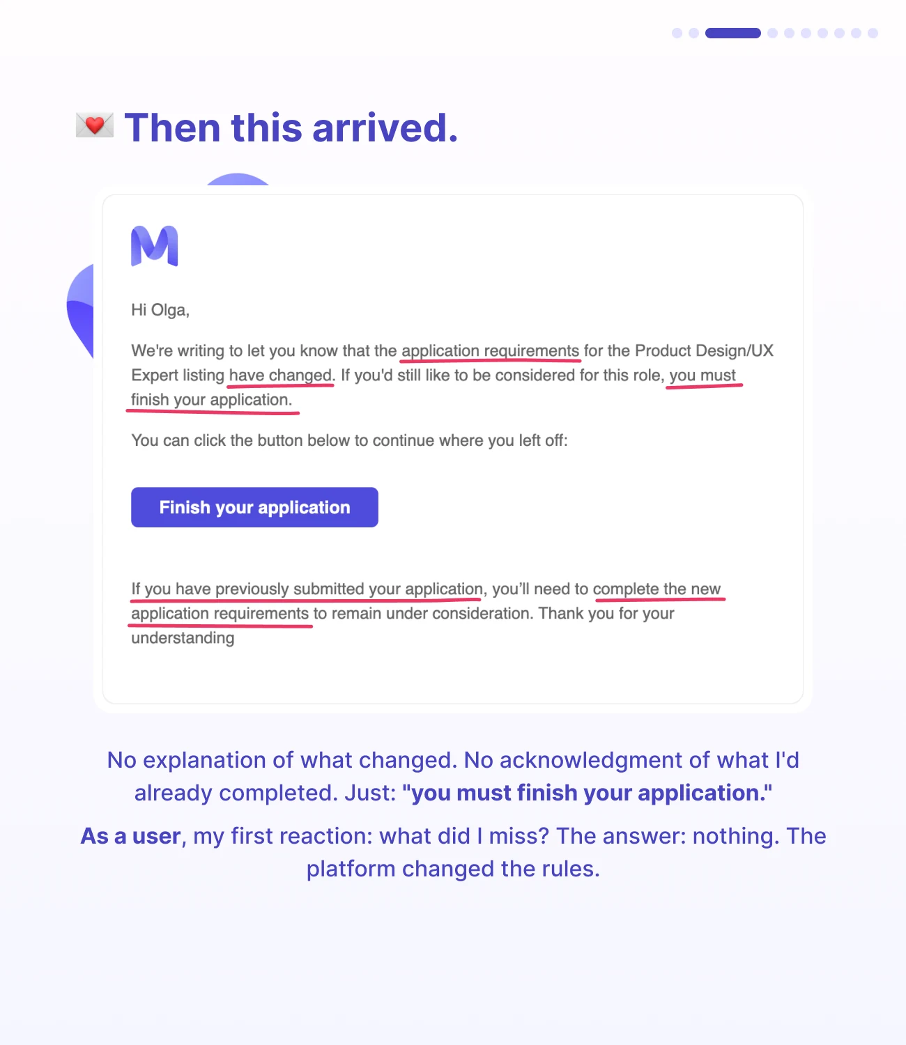 Slide 3: Then this arrived. An email saying the application requirements have changed and I must finish my application, with no explanation of what changed.