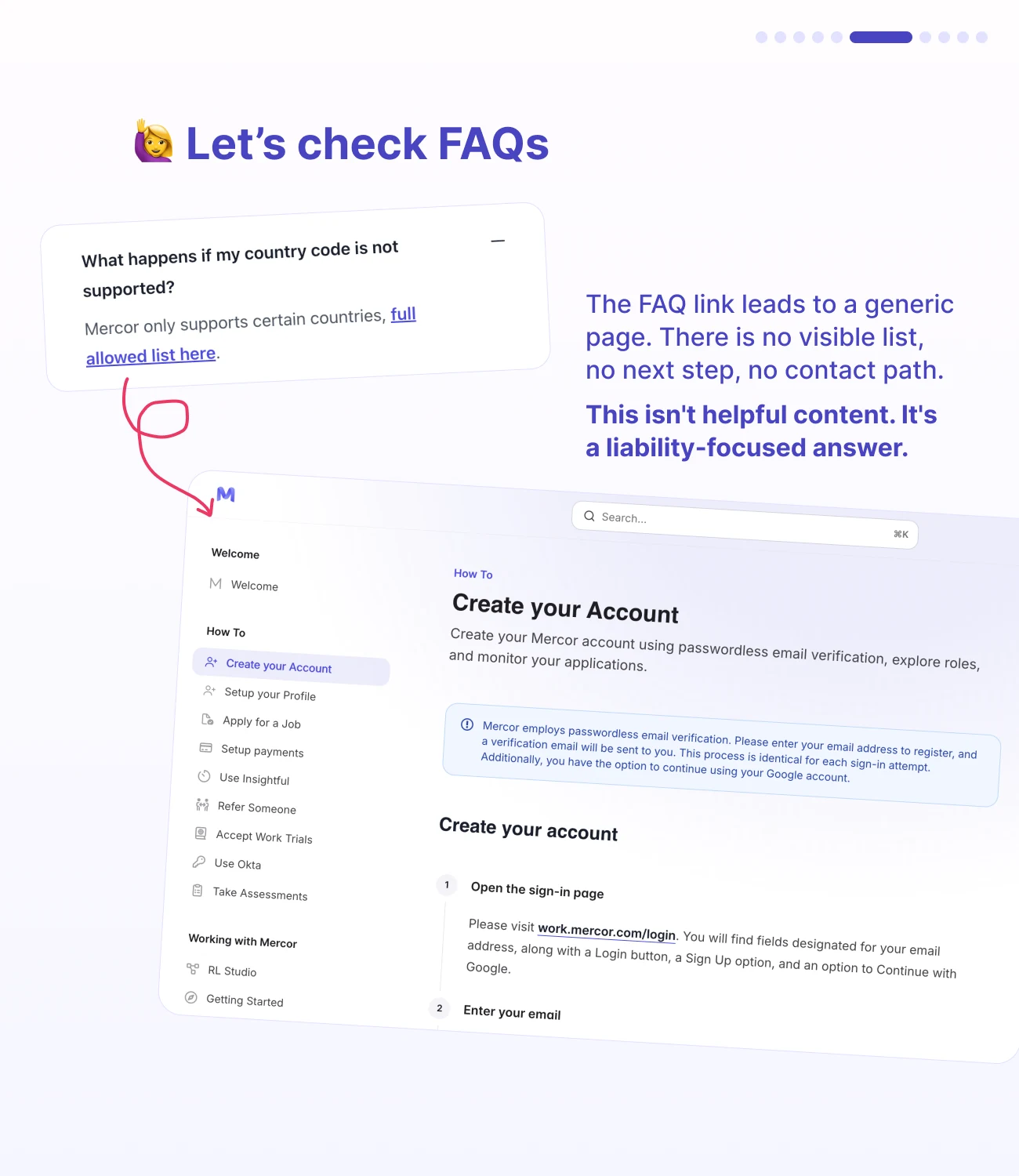 Slide 6: Let's check the FAQs. The FAQ link leads to a generic page with no visible list, no next step and no contact path: a liability-focused answer.