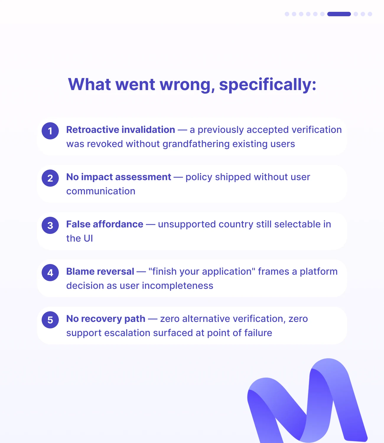 Slide 7: What went wrong, specifically: retroactive invalidation, no impact assessment, false affordance, blame reversal, and no recovery path.